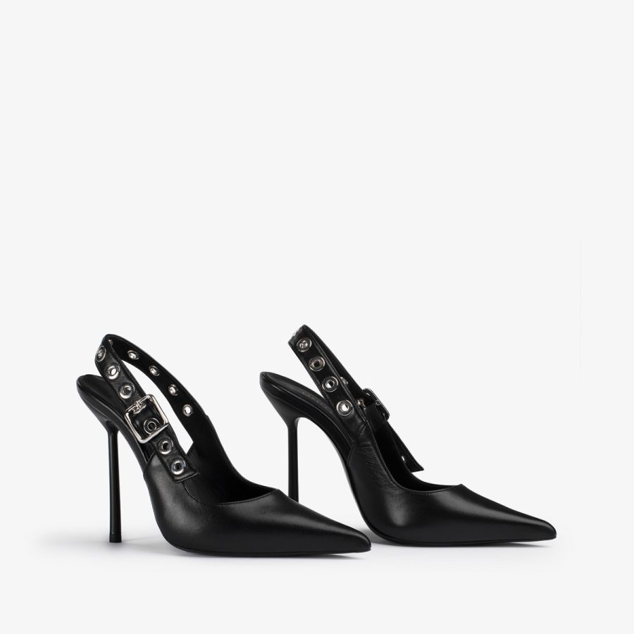 COURTNEY SLINGBACK 120 mm-Black leather slingback with silver eyelets - Image 7