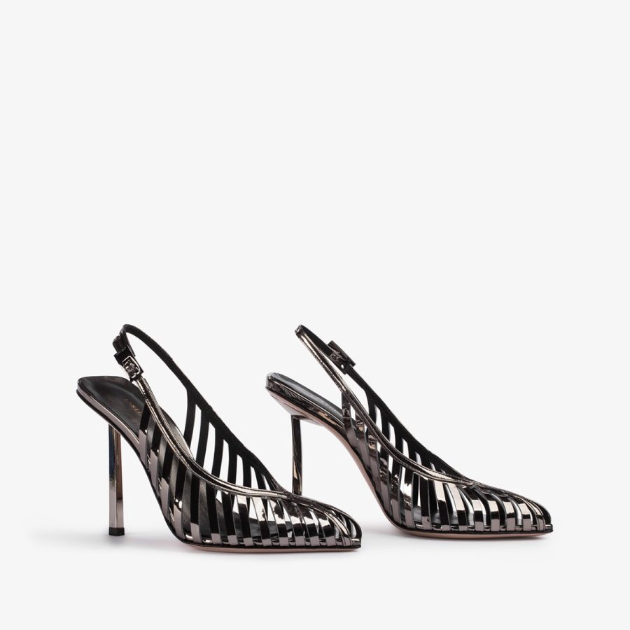 CAGE SLINGBACK 100 mm-Pewter metallic slingback with straps - Image 7