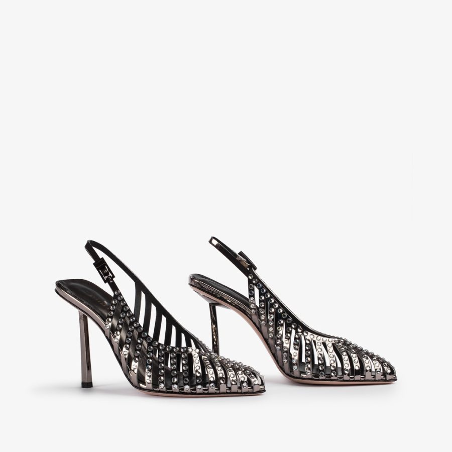 CAGE SLINGBACK 100 mm-Pewter metallic slingback with straps and Crystals - Image 7