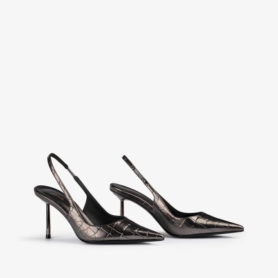 BELLA SLINGBACK 80 mm-Pewter metallic crocodile print slingback - Image 7