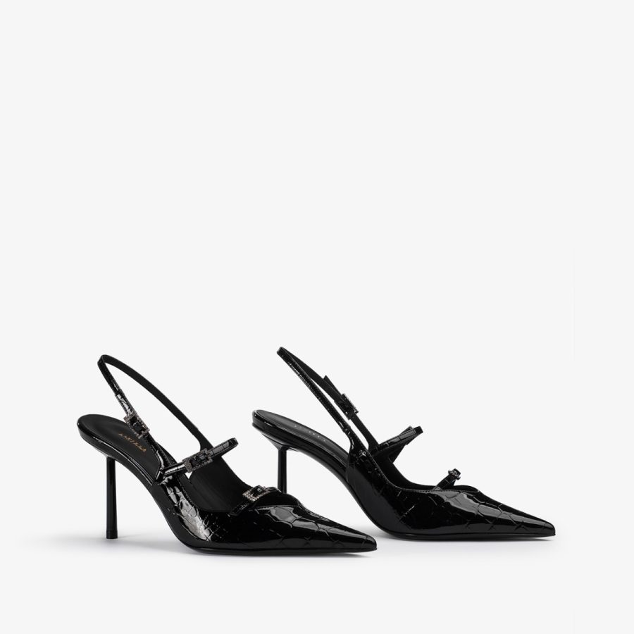 MORGANA SLINGBACK 80 mm-Black crocodile print slingback with straps - Image 7