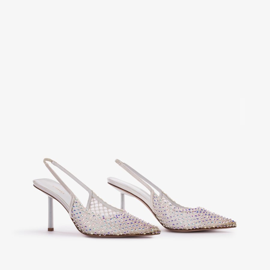 GILDA SLINGBACK 80 mm-Paper white fishnet slingback with Crystals - Image 7