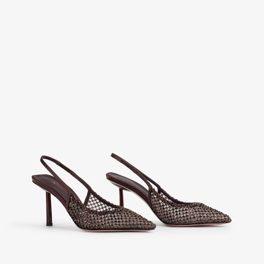 GILDA SLINGBACK 80 mm-Dark chocolate brown fishnet slingback with Crystals - Image 7