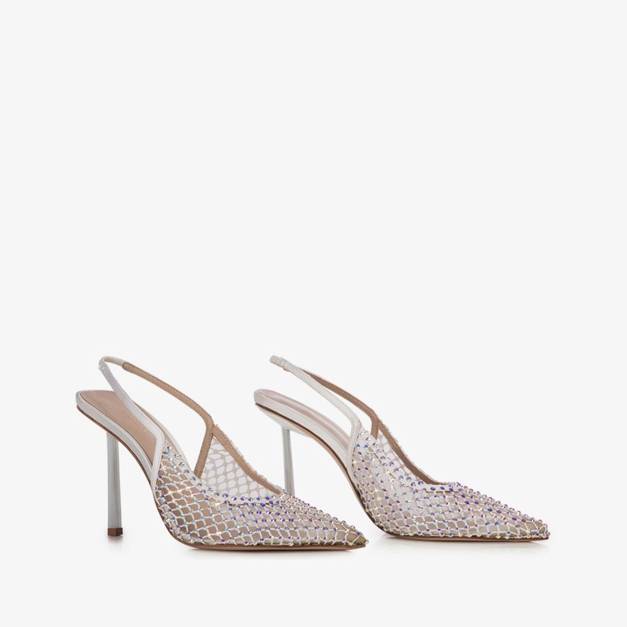 GILDA SLINGBACK 100 mm-White fishnet slingback with Crystals - Image 7