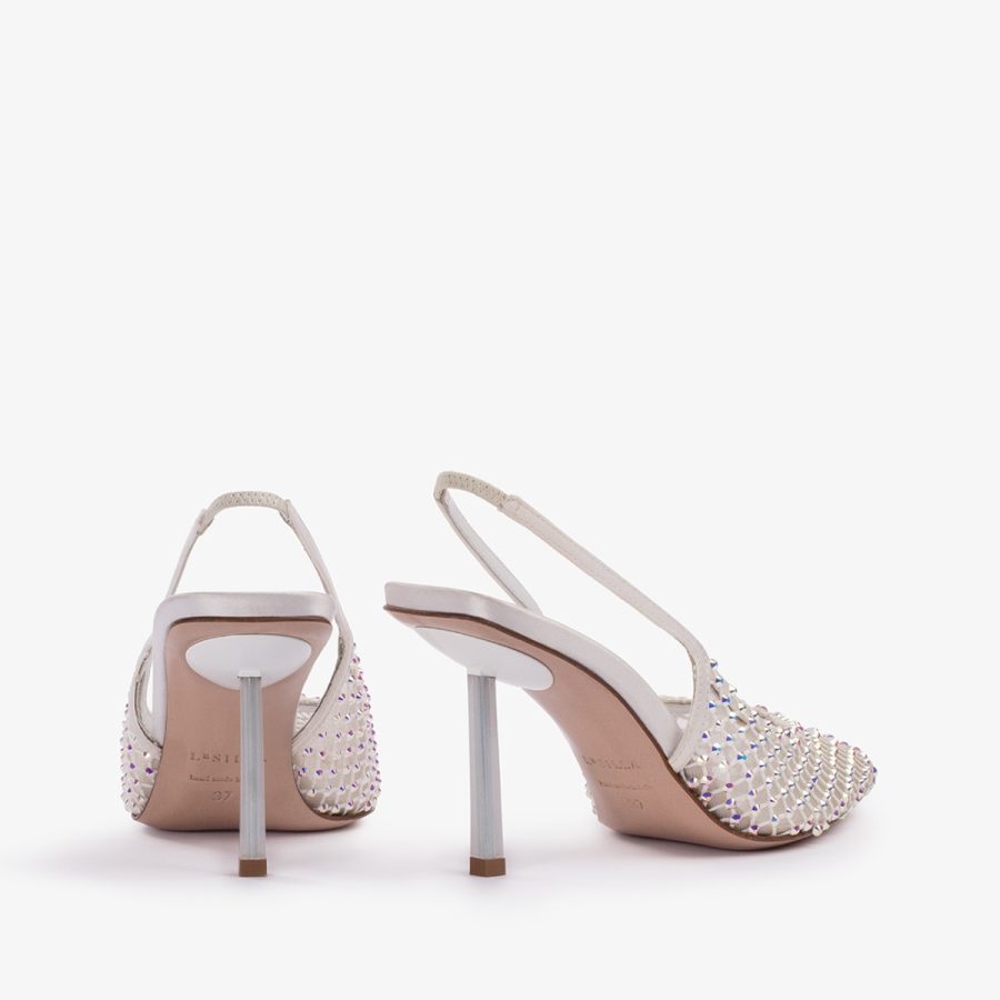 GILDA SLINGBACK 80 mm-Paper white fishnet slingback with Crystals - Image 8