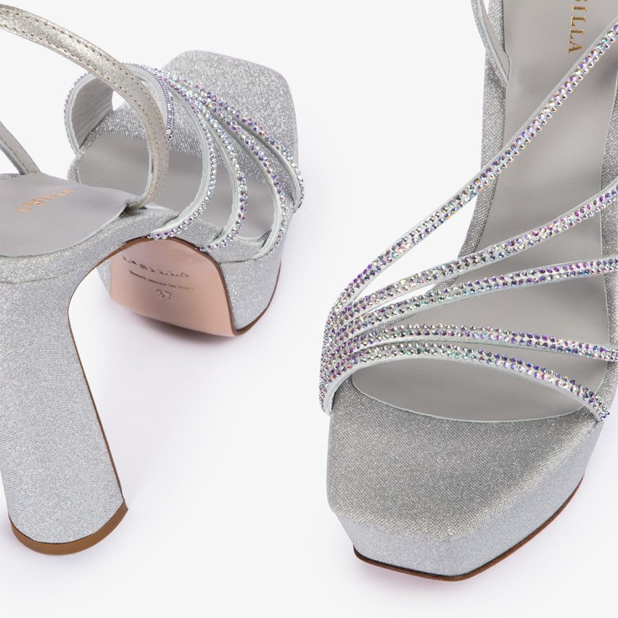 SCARLET SANDAL 140 mm-Silver glittered fabric platform sandal - Image 9